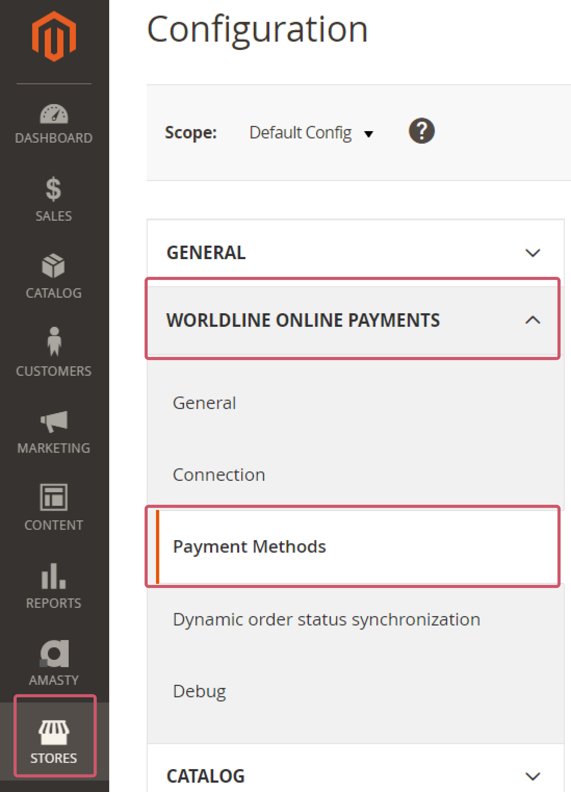 The image shows where to find the &ldquo;Payment methods&rdquo; module in the Magento Back Office
