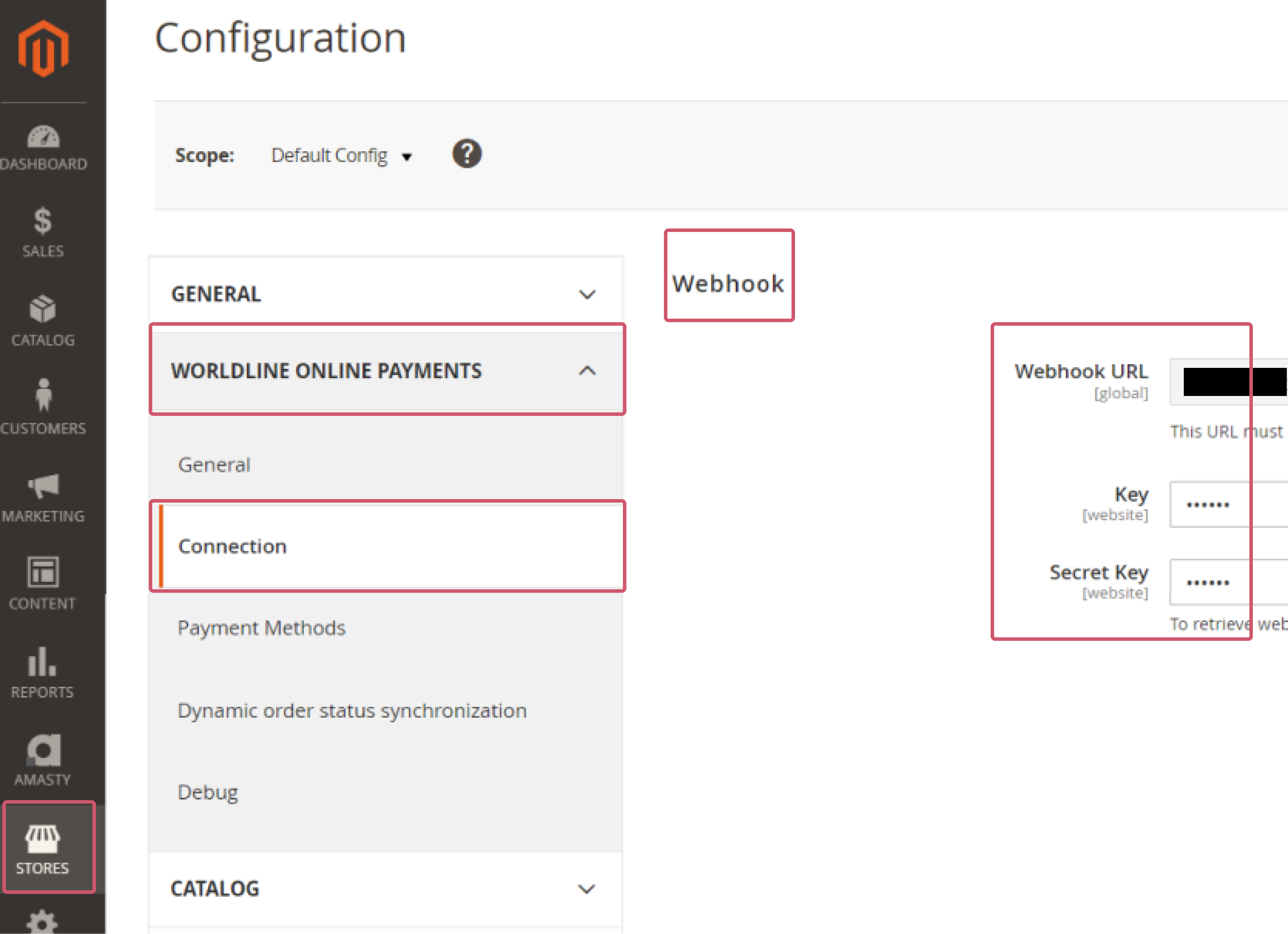 Dieses Bild zeigt, wo Sie das Modul &bdquo;Webhooks&ldquo; im Magento Back Office finden